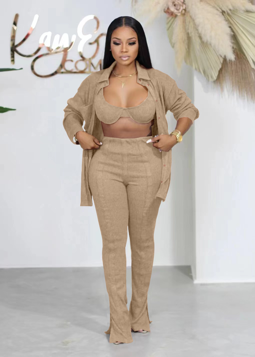 Fashion Solid Color Polyester Pocket Pants Sets 3 Piece Set