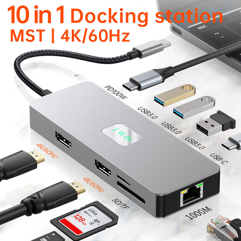 USB-C docking station, 10-in-1, with dual HDMI 4K 60Hz, triple-screen support, USB 3.0, Gigabit Ethernet port, and PD 100W power delivery