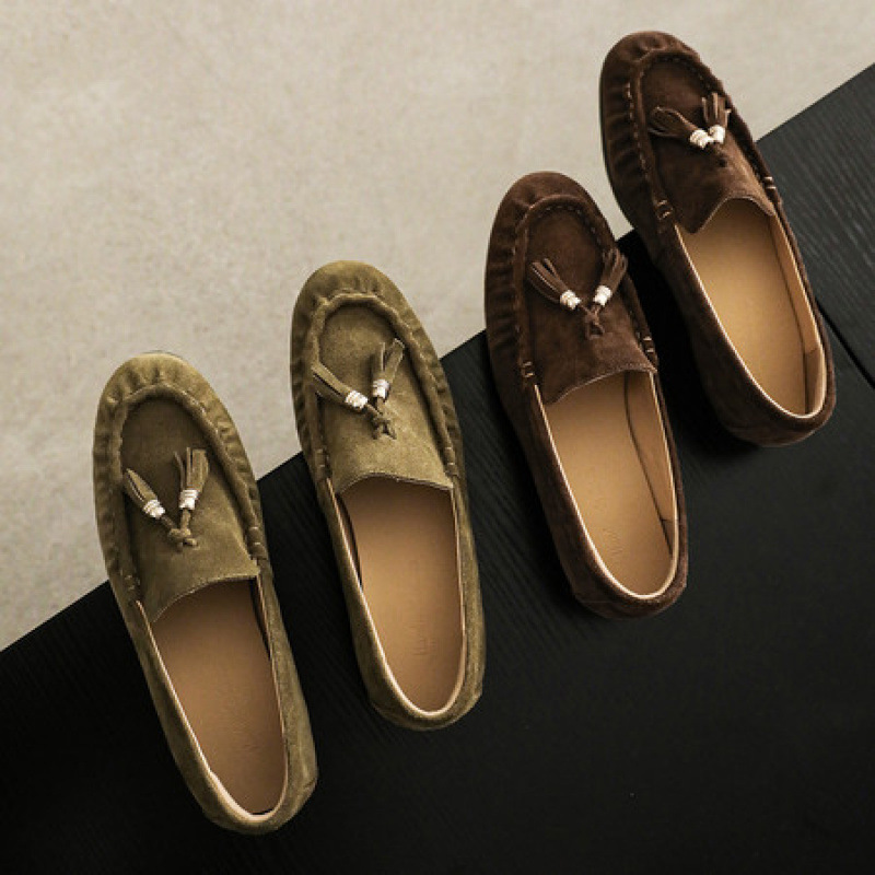 Cowhide Version~Korean Style Socks Paired with Niche Genuine Leather Suede Tassel Loafers for Women, Flat Slip-On Moccasins