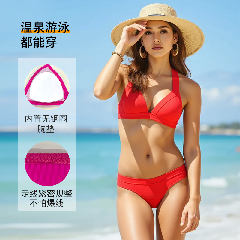 Cross-border Hot-selling Solid Color Swimsuit Split with Chest Pad Steel-free Bikini Swimming Wading Sports Swimsuit for Women
