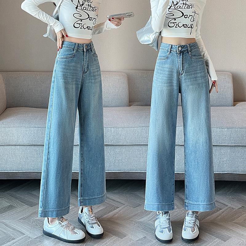 Summer New Style Light Blue High-Waisted Narrow Wide-Leg Jeans for Women, Loose Fit, Slimming, Drapey, Petite, Cropped Straight Pants