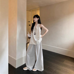 リアルショット夏オールドマネースタイルルーズベストホルターネックVネックフレンチベストストライプデザインルーズスリミングワイドレッグパンツ
