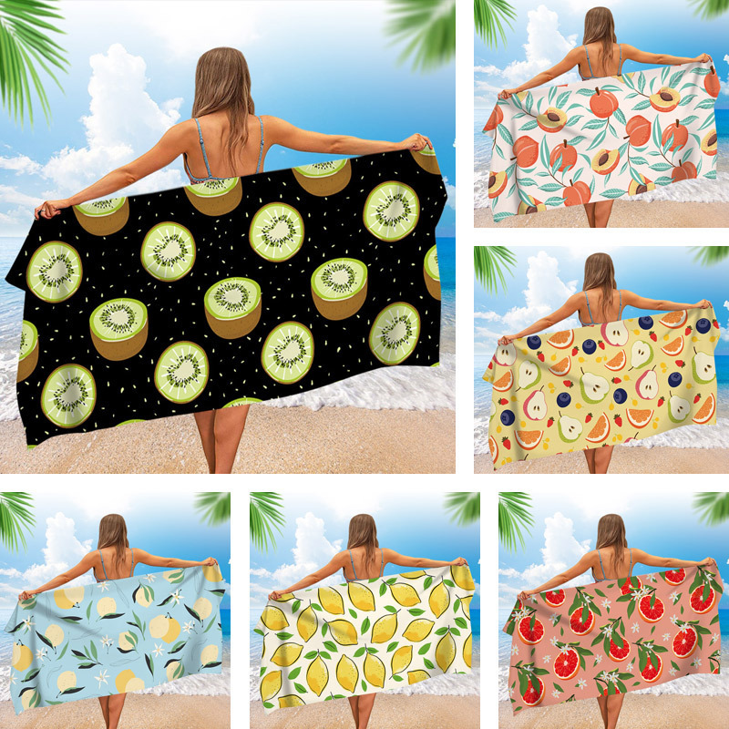 Fresh Fruit Print Beach Towel with Kiwi, Peach, Lemon, Grapefruit, and Apple Patterns, Quick-Drying Large Bath Towel, Sea Fresh Fruit Print Beach Towel with Kiwi, Peach, Lemon, Grapefruit, and Apple Patterns, Quick-Drying Large Bath Towel, Sea