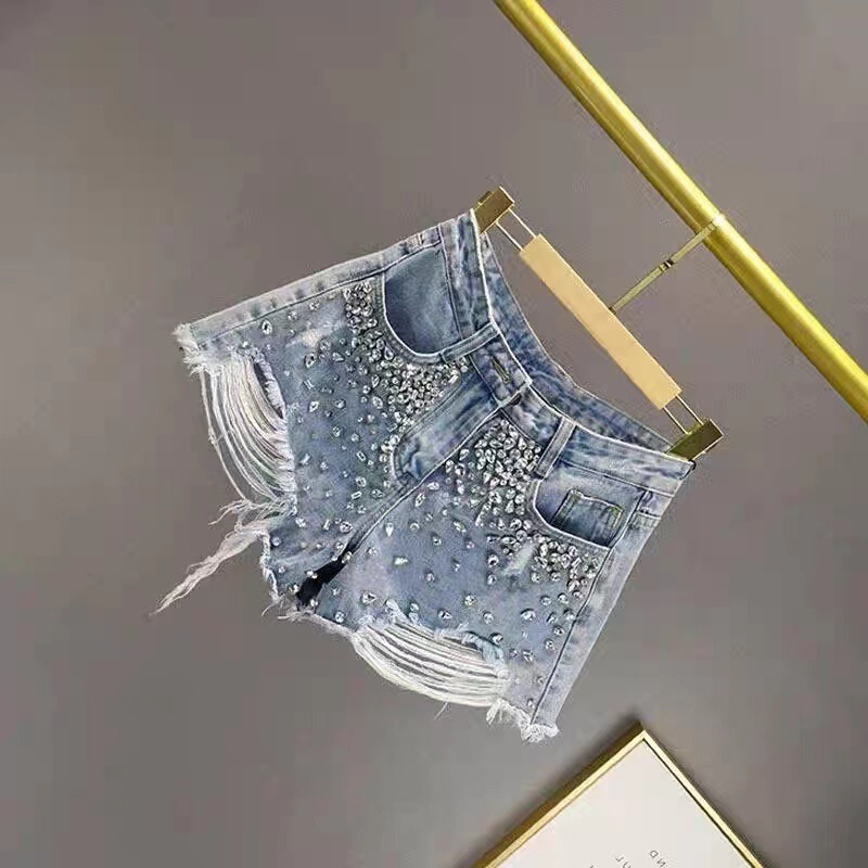 女性用リップドデニムショートパンツ、トレンディな2025年新作夏ハイウエストスリムヨーロッパステーションダイヤモンド付きローエッジワイドレッグホットパンツ|undefined