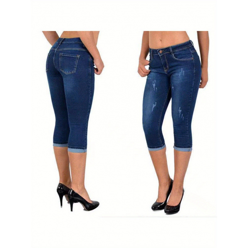 2025 New Cross-Border European and American Women's Elastic Slim-Fit Capri Jeans Casual Mid-Length Style