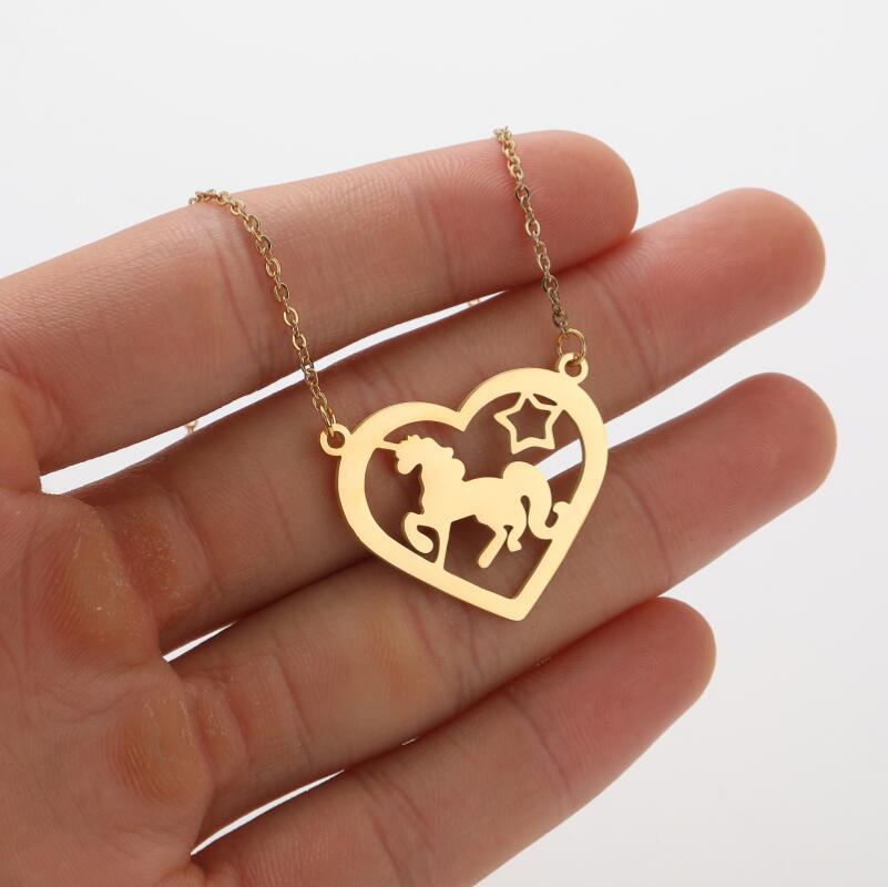 Fashion Heart Shape Unicorn Stainless Steel Hollow Out Pendant Necklace_colorza_5