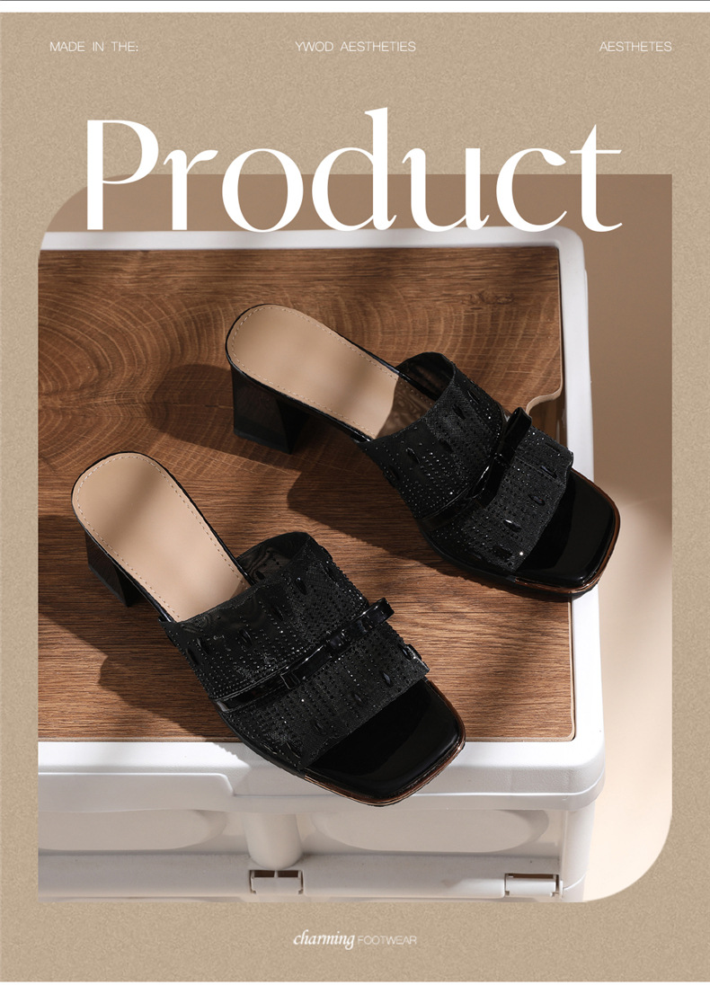 Sandal cao gót nữ hở mũi phong cách Pháp đính sequin lấp lánh gót vuông 6 cm — 7215 Màu đen, 7215 màu mơ chi tiết 3