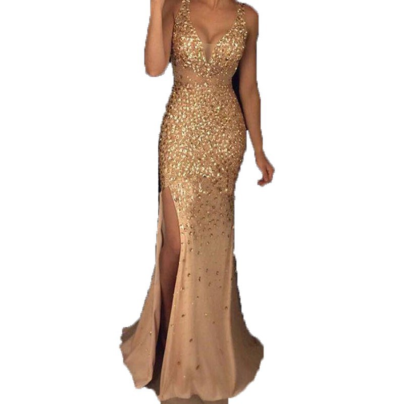 Vestido Largo de Lentejuelas con Abertura, Estilo Europeo y Americano, Primavera 2025, Ropa de Mujer, Vestido de Noche