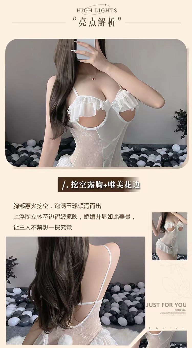 Bunny Girl Roleplay Lingerie Set with Open-Crotch See-Through Lace and Stockings — detail image 4