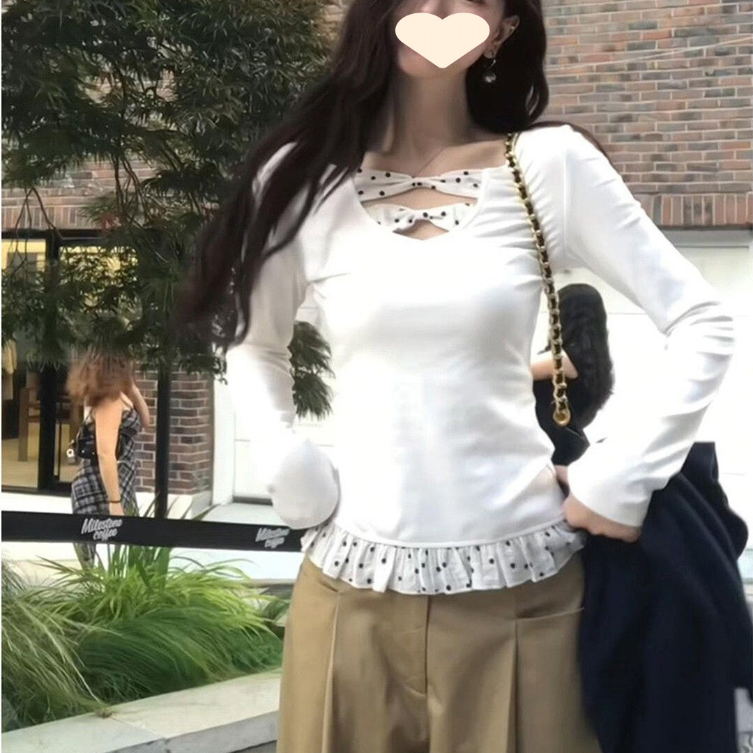 韩系白色波点长袖T恤女夏秋打底衫拼接设计感修身收腰短款上衣潮