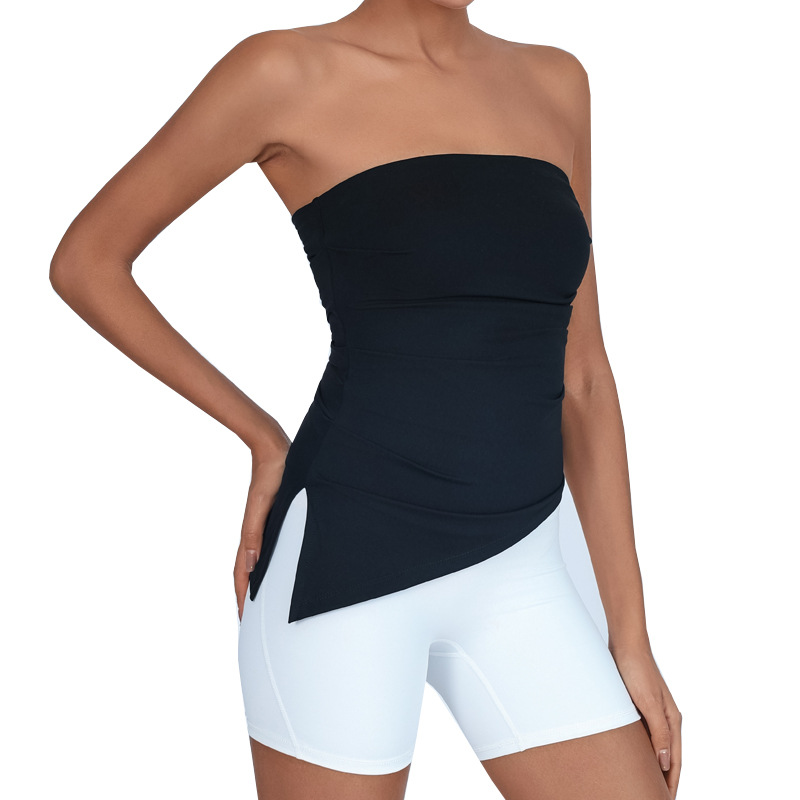 Aliexpress Amazon Europa y los Estados Unidos transfronterizos con cojín de pecho sexy chica caliente hombro abierto de color sólido con bifurcación lateral para limpiar el pecho ropa de yoga para mujeres image 5
