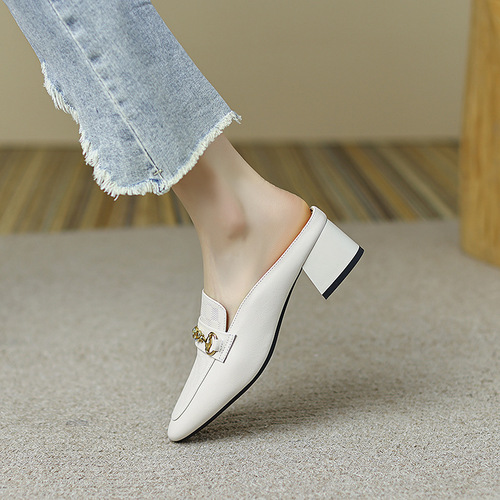 Full-leather, chunky 4cm heel, closed-toe high-heeled sandals—mid-height, versatile, half-sole design, perfect for summer casual wear and single-layer shoes.