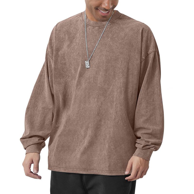 230g Pure Cotton Heavyweight Vintage-Style T-Shirt, Long-Sleeve, Oversized, Drop Shoulder, Full Cotton, Washed, Retro Autumn Top, Loose Fit, Oversize