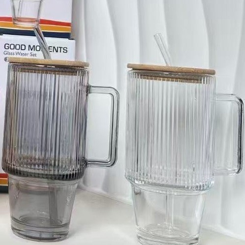 Taza de agua de vidrio de 20oz taza de jugo de Amazon de gran capacidad más tapa de plástico tapa de madera botella de vidrio de 730ml