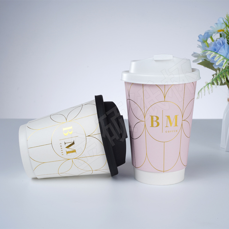 一次性高档烫金咖啡纸杯热饮杯双层中空杯外卖防漏奶茶杯子印图案