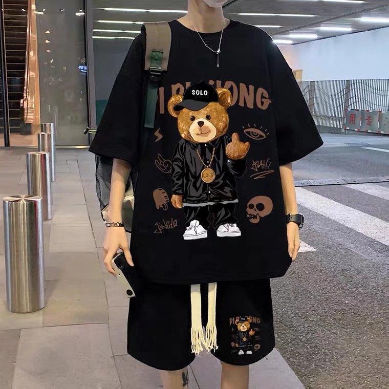 Hong Kong Style Cartoon suit Men's Summer Trendy Short-sleeved Shorts Men's Wear Set with Handsome Sports Casual Two-piece Set