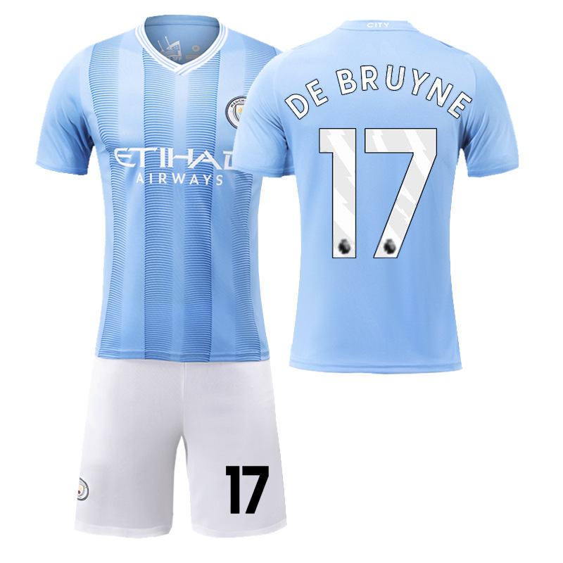 thumbnail image 1 of 2324 Manchester City versión correcta en casa No. 9 Haaland No. 17 De Bruyne ropa de fútbol traje para niños y adultos, 1 of 5