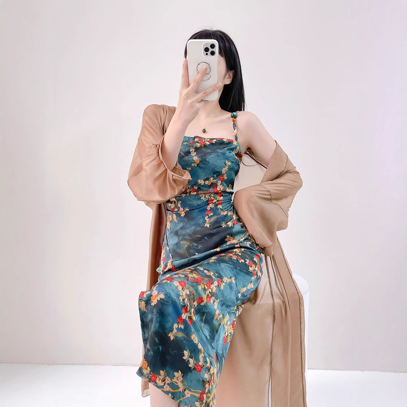 Vintage Chinese Style Windsor Collar Slip Dress Floral dress Women's Summer Backless Sleeveless Hip Commuter Dress