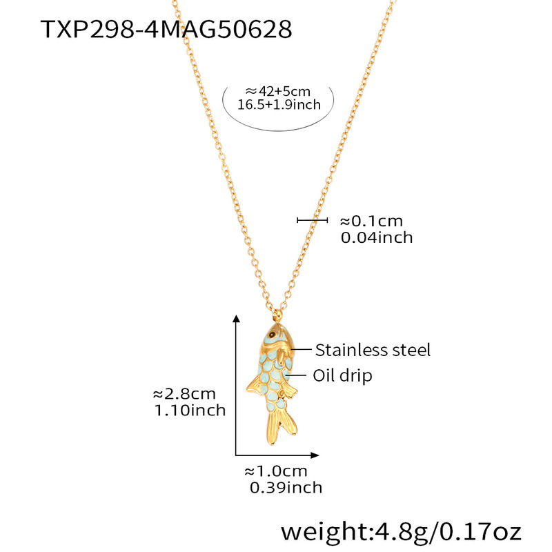 Xinyixinxin ステンレス鋼チェーンパールオイルドリップ小魚マルチカラーペンダントネックレスイヤリングセット 18k リアルゴールドメッキ|undefined