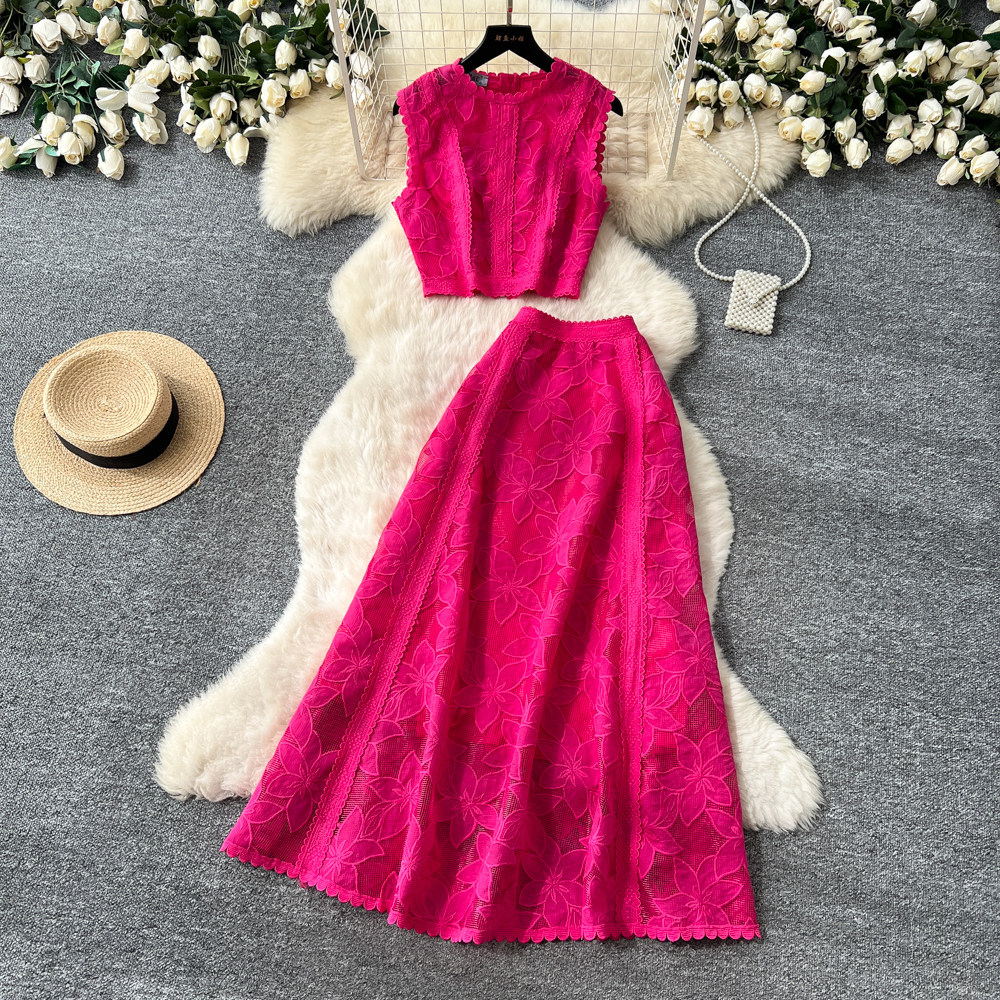 French Style Lace Openwork Two Piece Vest And Skirt Set Elegant_voghion.com