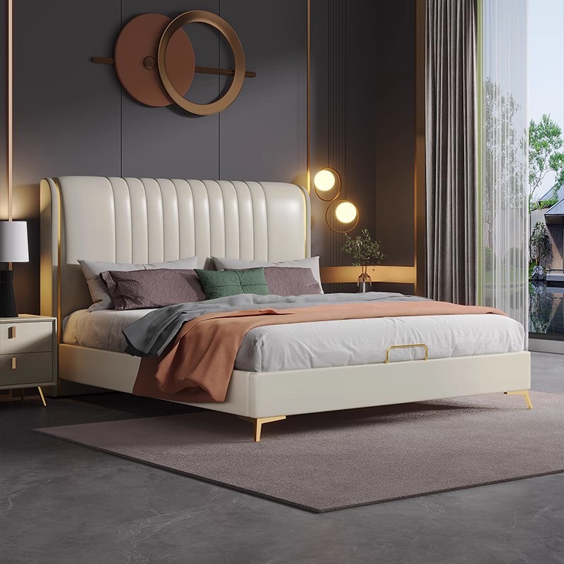 Cama de tela de tecnología dormitorio principal moderna simple y lujosa cama de tela nórdica sin lavado pequeña cama de madera maciza doble cama de matrimonio