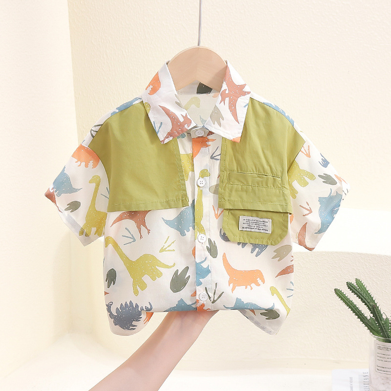 7846 Camisa de manga corta de verano para niños 2024 Nueva camisa de dos piezas falsa de dibujos animados para bebés Ropa de verano de moda para niños delgada