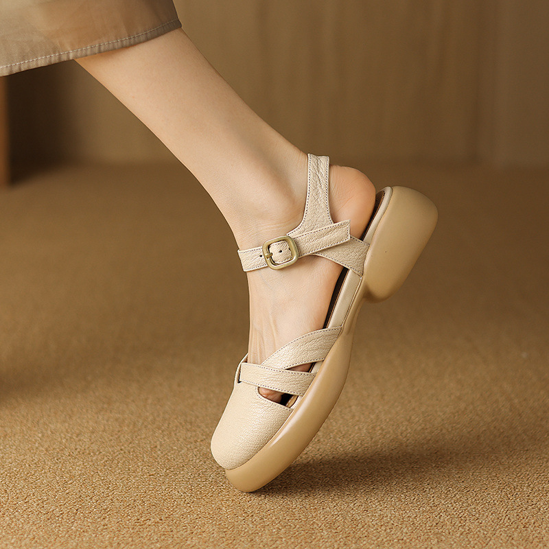 Sandal nữ quai ngang hở lưng mũi tròn đế dày da thấp — Màu trắng be