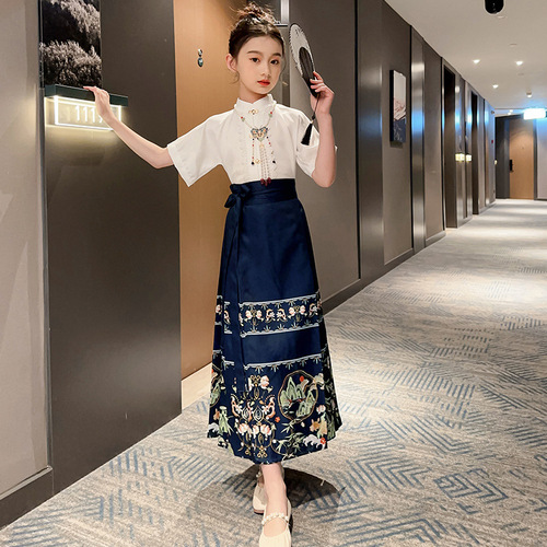 Girls' Chinese-style ancient costumes improved horse-faced skirt suit for girls, older children, summer style, children's Hanfu, children's clothing, Ming Dynasty Tang suit