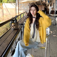 韩系花毛线中长款毛衣开衫女秋冬新款长袖宽松慵懒风针织外套上衣