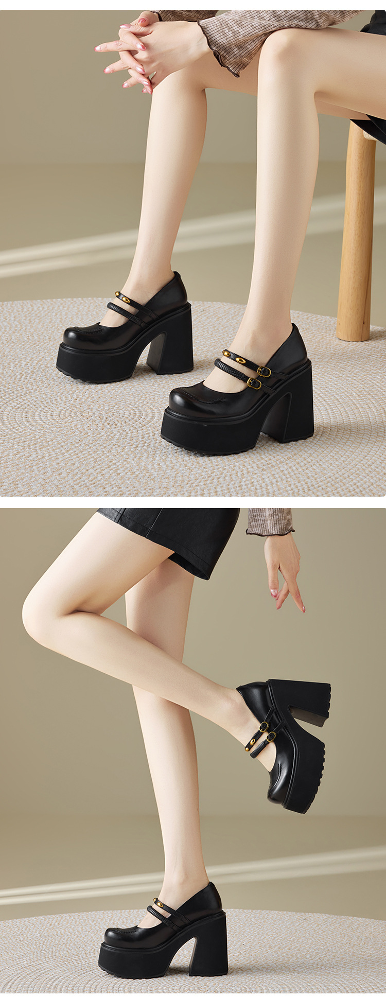 Giày Mary Jane nữ đế dày 12 cm phong cách cổ điển học sinh — màu nâu chi tiết 6