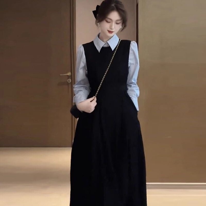 Autumn New French Hepburn Style Elegant Dress for Women, Navy Style Black Long Dress, Sheer Loose Fit Autumn New French Hepburn Style Elegant Dress for Women, Navy Style Black Long Dress, Sheer Loose Fit