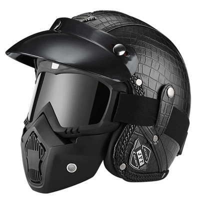 Electric Motorcycle Retro Helmet Men's: Motorcycle Safety Supplies - 555-leather-helmet-black-plaid-mask-s