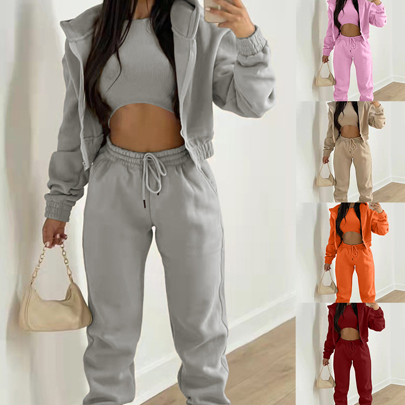 2026 New Spring Women's Clothing European And American Outfit Solid Color Hooded Sweatshirt Casual Fashion Sports Set_ecoleips.com