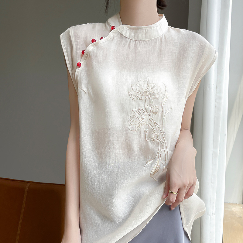 New Chinese Style Vintage Collar T-shirt Organza Embroidered Shirt Top Summer New Sleeveless Inner Cheongsam Vest
