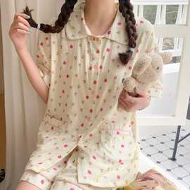批发货源  睡衣女纯棉纱布奶黄色卡通短袖短裤套装家居服夏季新款