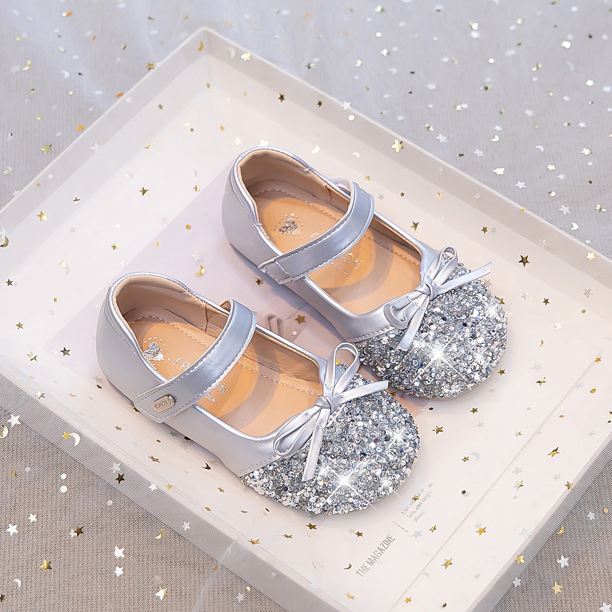 Girls' Princess Shoes Silver Glitter Rhinestone Ballerina Flats With Bow Soft Sole Non-Slip Toddler Dress Shoes_voghion.com