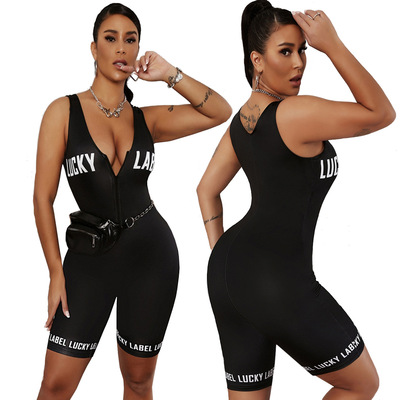 跨境欧美女装字母印花无袖紧身背带连身裤时尚性感连体裤女夏现货