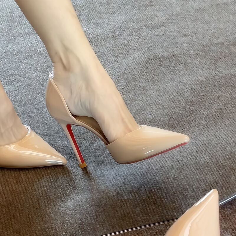 First Encounter: Women's Nude High Heels with Red Bottom and Side Cutouts, Pointed Toe, Comfortable for Work, Thin Heel Pumps