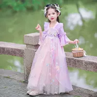 Летнее платье в древнем стиле для девочек Hanfu, новинка 2024 года, детское платье феи, костюм Тан для девочек, летний костюм с короткими рукавами.