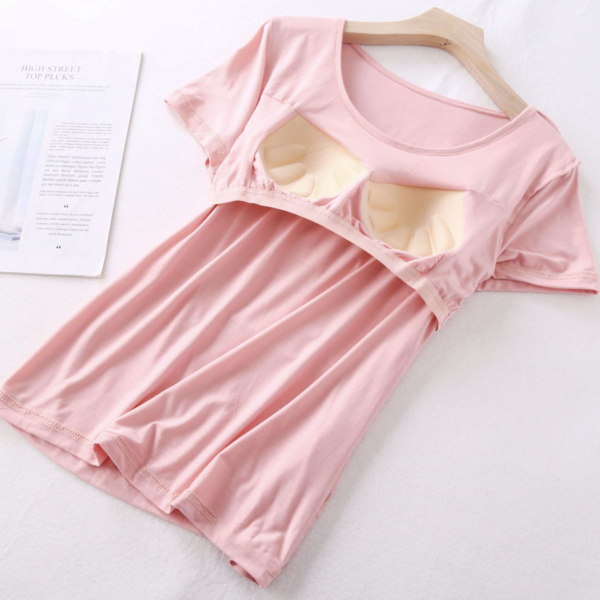 Set pigiama a maniche corte da donna in modal con cuscinetto per il petto, coppa a cinque dita, grandi dimensioni, senza reggiseno, pantaloncini larghi a mezze maniche, abbigliamento per la casa_voghion.com