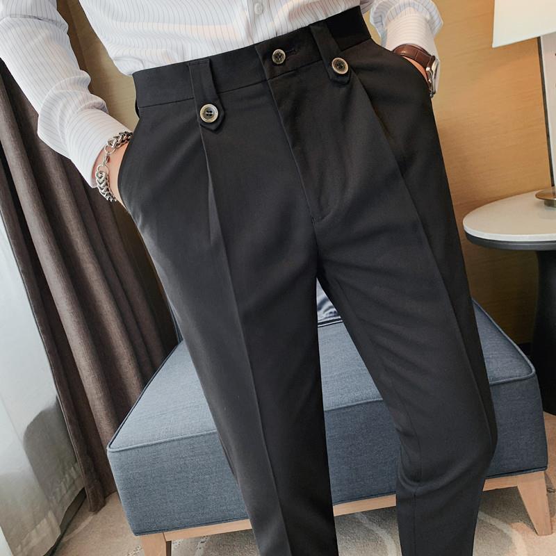 Otoño texturizado pantalones de traje de hombre flaco pantalones casuales pantalones de color sólido botón decorativo estilo coreano slim fit pantalones de moda hombres