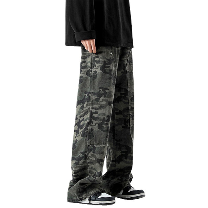 Estilo americano pesado camuflaje jeans hombres primavera y otoño retro hiphop recto mono ejército verde ancho-pierna mopping pantalones moda