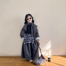 韩版童装儿童风衣2025秋季新款中长款立领工装条纹拼接灰色外套