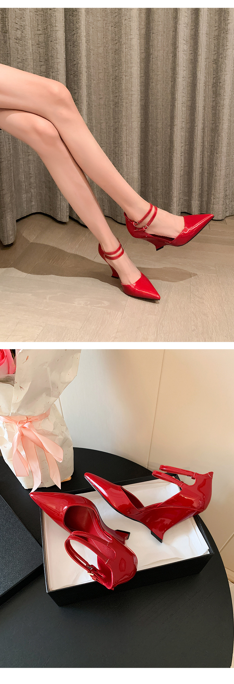Giày cao gót nữ mũi nhọn Mary Jane đế xuồng platform da thật — màu đen, màu mơ, màu đỏ chi tiết 25