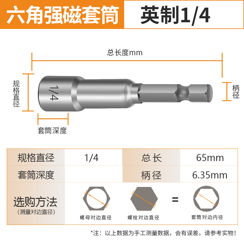 Fabricante británico 1/4 cabeza de manga magnética fuerte viento cabeza de manga con manga magnética fuerte 3/8 cabeza de manga hexagonal 65mm