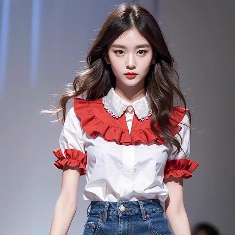 European and American Summer New Chic Sweet and Spicy Tops Korean Style Outfit Age-Reducing Red and White Contrasting Short-Sleeved Shirts