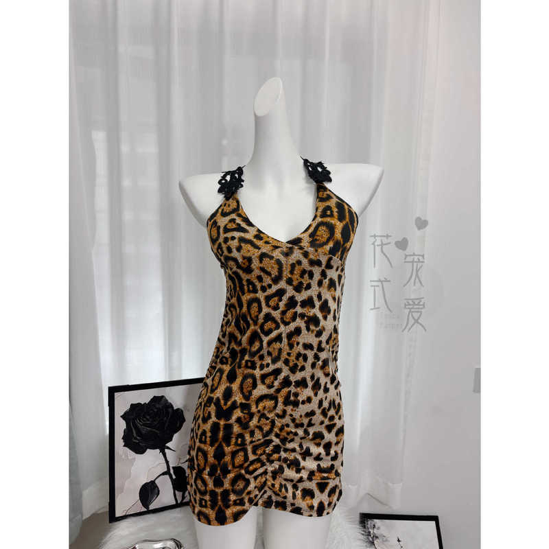 Spicy and Alluring Lace Patchwork Dress with a Beautiful Back, Low-Cut Deep V-Neck, Leopard Print, Bodycon Mini Skirt, and Halter Neck