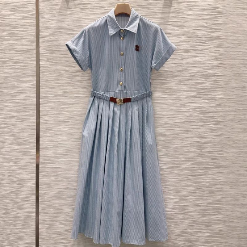 Miu Series [Shenzhen Nanyou] 26 New Style Striped Belt Dress with Lapel Letter Patch Embroidery Pleated Skirt