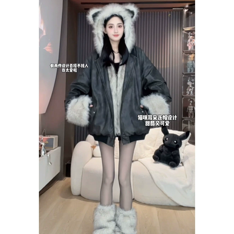 Тринадцать линий качества с капюшоном Кожаная длинная куртка имитация кожи женский зимний утолщение, теплый американский ретро меховый сетчатый красный