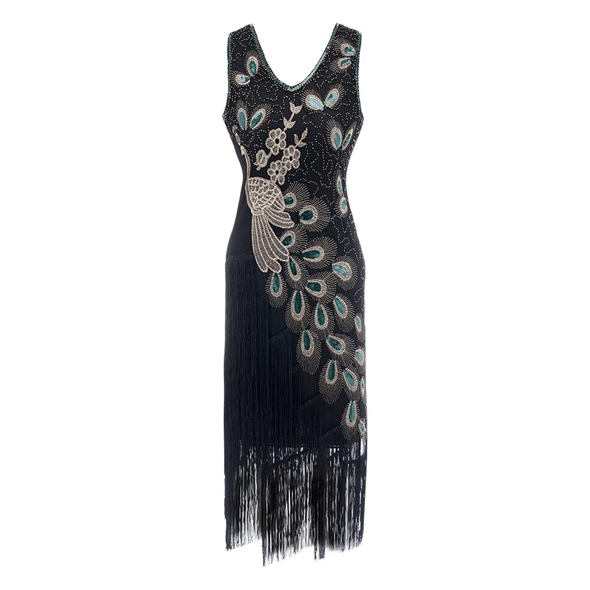 1920s Retro Sequin Dress Tassel Peacock Beaded Fashion Banquet Evening Dress Europe and America Amazon Cross Border